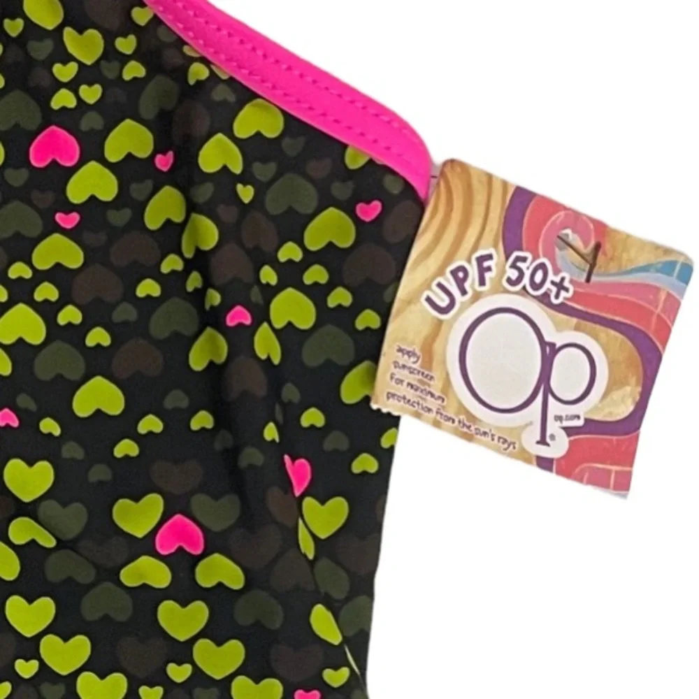 Girls Swimsuit One Piece Bathing Suit Hearts Summer Beach Pool Green Pink White